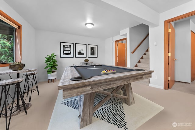 game room featuring billiards and light carpet