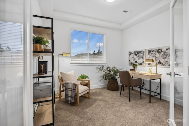 carpeted office space with french doors and a raised ceiling