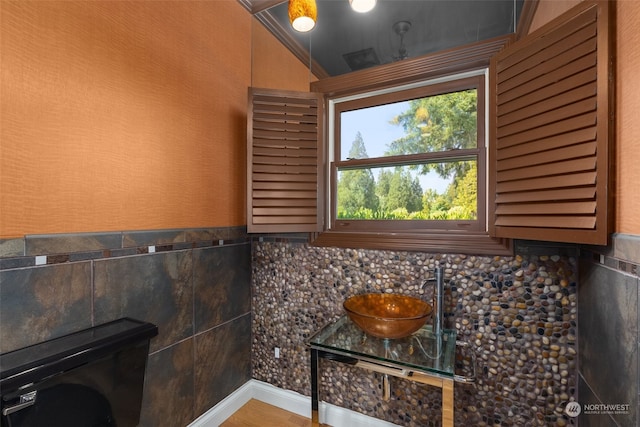 bathroom with tasteful backsplash, vaulted ceiling, and sink