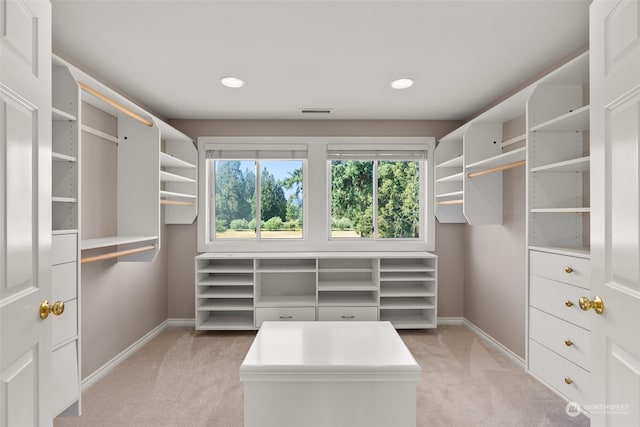 spacious closet featuring light carpet