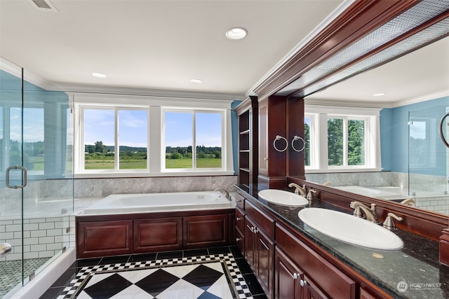 bathroom featuring a healthy amount of sunlight, tile floors, plus walk in shower, and dual bowl vanity