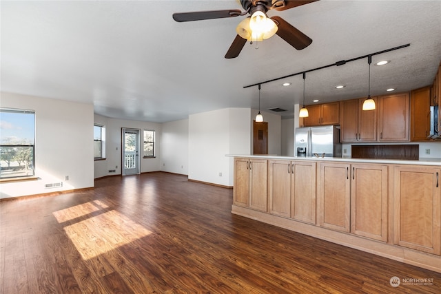 kitchen with dark hardwood / wood-style flooring, decorative light fixtures, rail lighting, stainless steel appliances, and ceiling fan