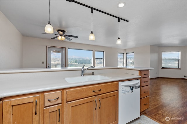 kitchen with decorative light fixtures, dishwasher, sink, and light wood-type flooring