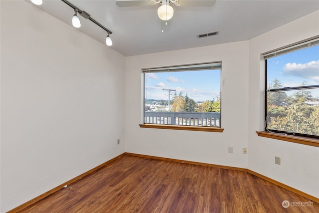 unfurnished room with rail lighting, dark hardwood / wood-style flooring, and plenty of natural light