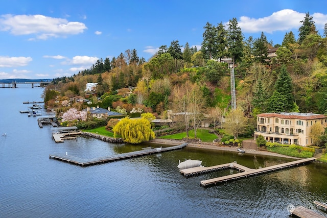 aerial view featuring a water view