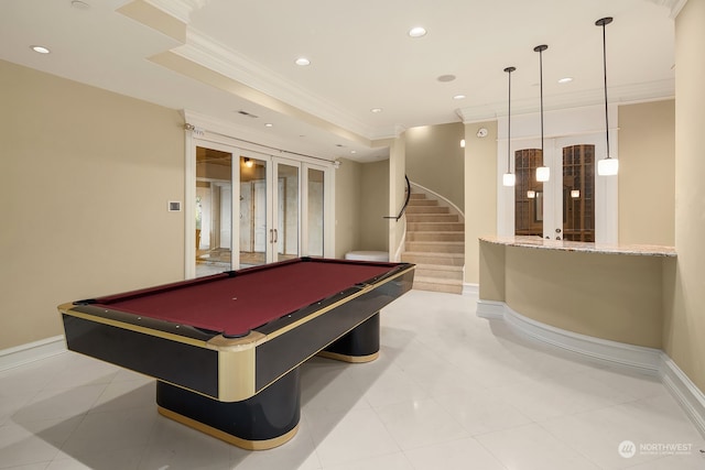 playroom with ornamental molding, billiards, and light tile patterned floors