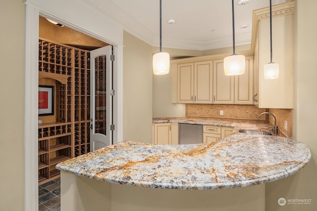 wine cellar with crown molding, dark tile patterned flooring, and sink