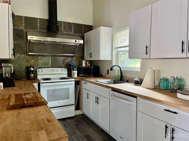 kitchen featuring white cabinetry, white appliances, wooden counters, and sink