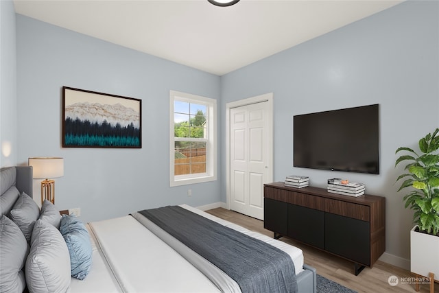 bedroom with a closet and light hardwood / wood-style floors