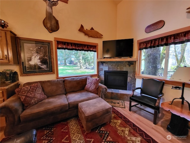 living room featuring a wealth of natural light and a tiled fireplace