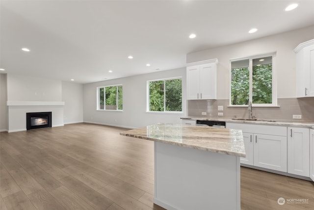 kitchen with light hardwood / wood-style floors, light stone counters, tasteful backsplash, white cabinets, and sink