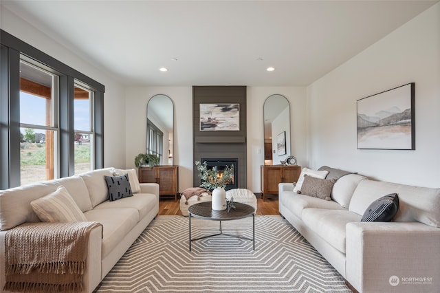 living room with a fireplace and hardwood / wood-style floors