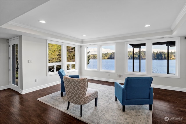 living area featuring a water view, dark wood-type flooring, crown molding, and plenty of natural light