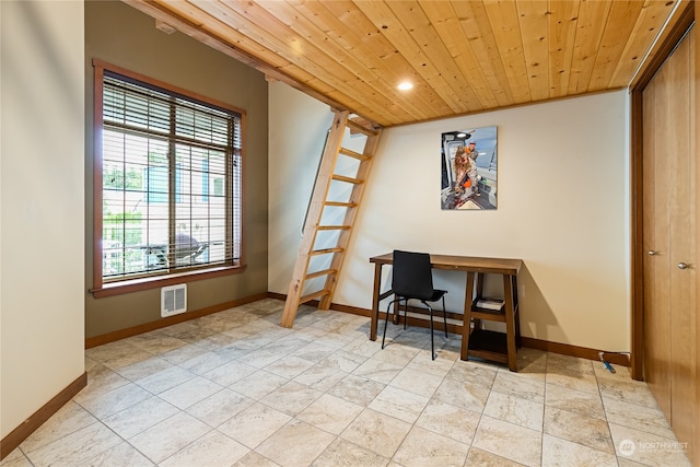 office area featuring wooden ceiling and light tile flooring