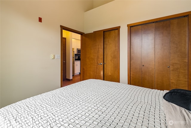 bedroom with a towering ceiling, multiple closets, and hardwood / wood-style flooring