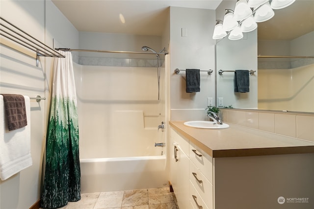 bathroom featuring shower / tub combo, oversized vanity, and tile flooring