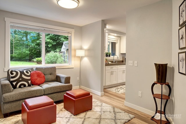 living area featuring sink, a healthy amount of sunlight, and light hardwood / wood-style flooring