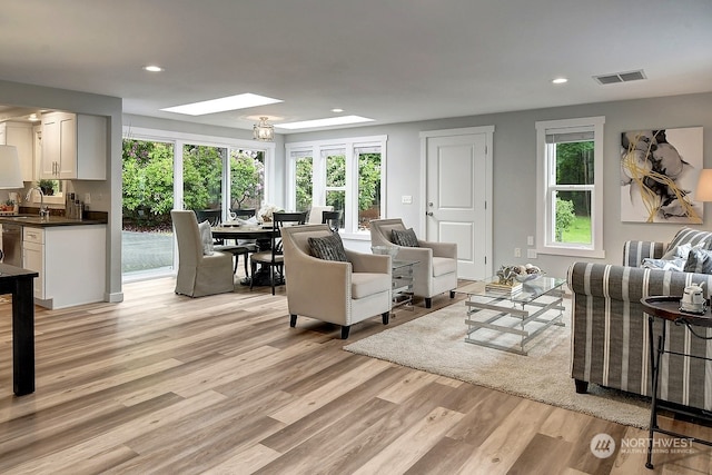 living room featuring a skylight, sink, light wood-type flooring, and a healthy amount of sunlight