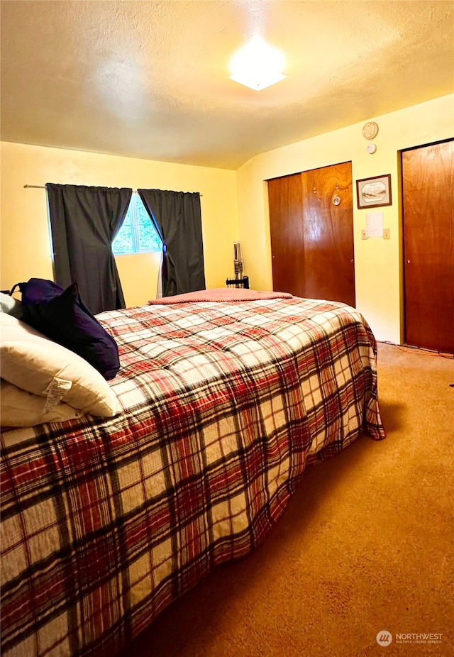 bedroom with a textured ceiling and carpet floors