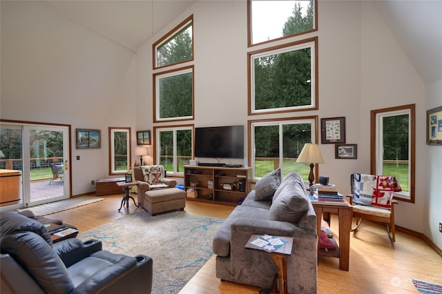 living room featuring high vaulted ceiling and light hardwood / wood-style flooring