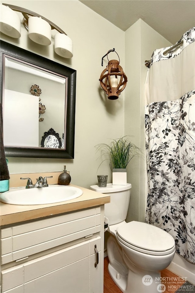 bathroom featuring toilet, vanity, and hardwood / wood-style floors