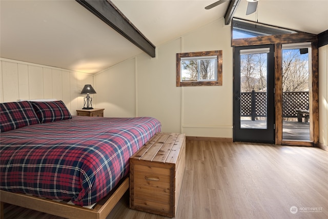 bedroom with ceiling fan, wood-type flooring, access to exterior, and lofted ceiling with beams