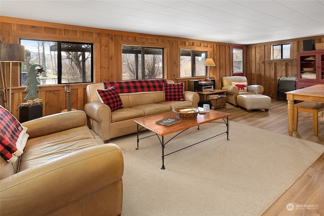 living room with wooden walls and light hardwood / wood-style floors