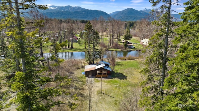 birds eye view of property with a water and mountain view