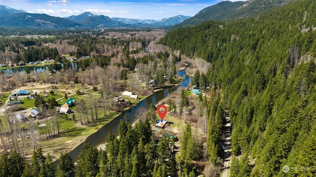 birds eye view of property featuring a water and mountain view