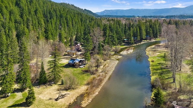 birds eye view of property featuring a water and mountain view