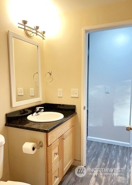 bathroom with toilet, hardwood / wood-style floors, and vanity with extensive cabinet space