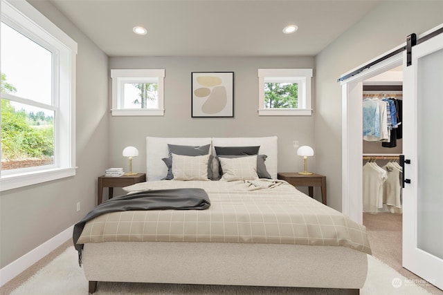 carpeted bedroom with a closet, a barn door, and multiple windows