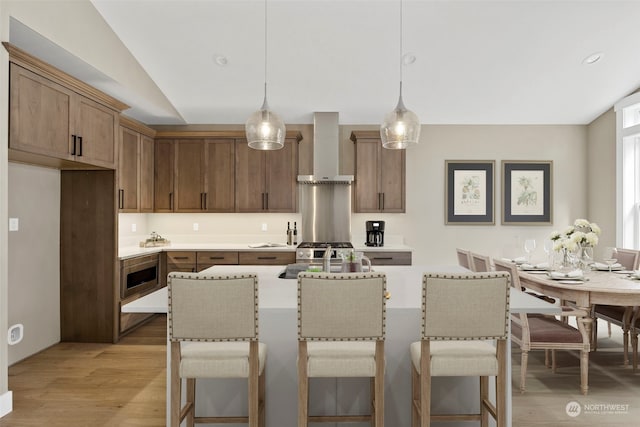 kitchen with light hardwood / wood-style flooring, pendant lighting, appliances with stainless steel finishes, and wall chimney range hood