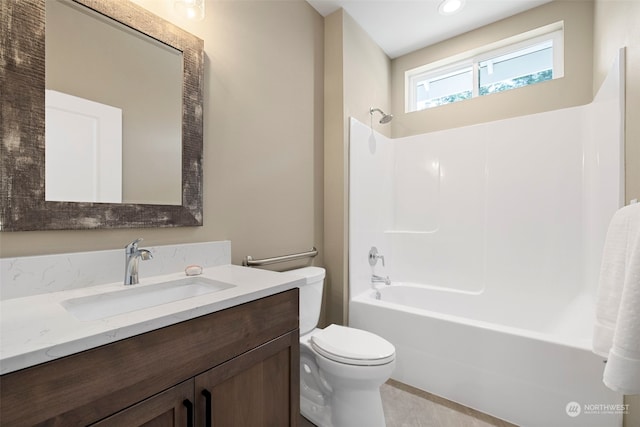 full bathroom featuring tile floors, toilet, shower / bath combination, and vanity