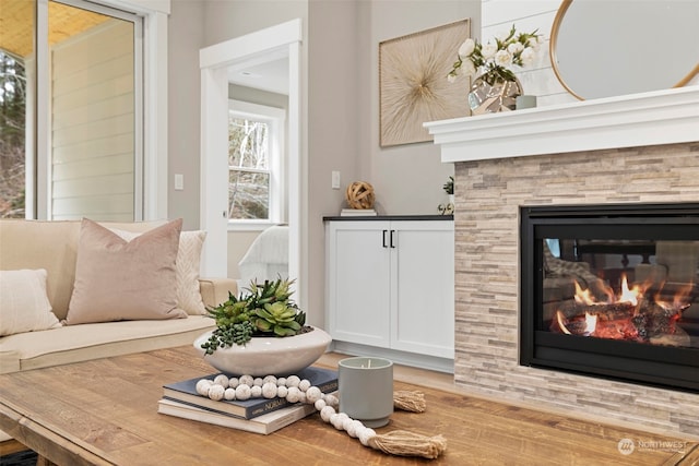 living room with a fireplace and light hardwood / wood-style floors