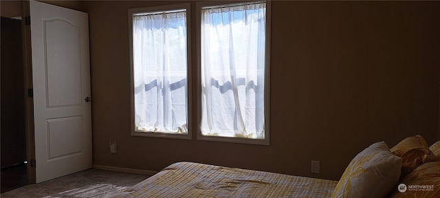 bedroom with dark colored carpet