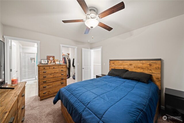 carpeted bedroom featuring a walk in closet, ensuite bathroom, a closet, and ceiling fan