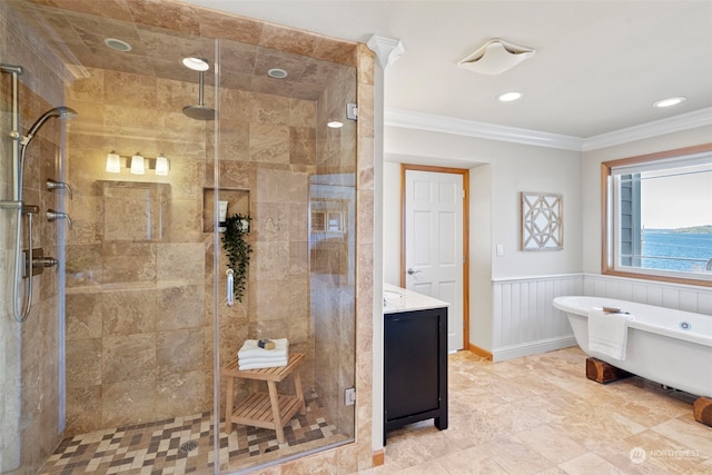 bathroom featuring crown molding, tile floors, vanity, and plus walk in shower