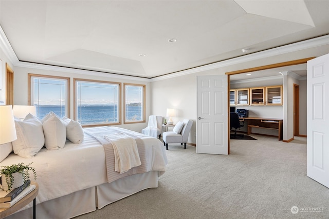 carpeted bedroom featuring a water view, a tray ceiling, and ornamental molding