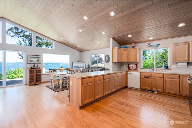 kitchen with a healthy amount of sunlight, a water view, white dishwasher, and kitchen peninsula