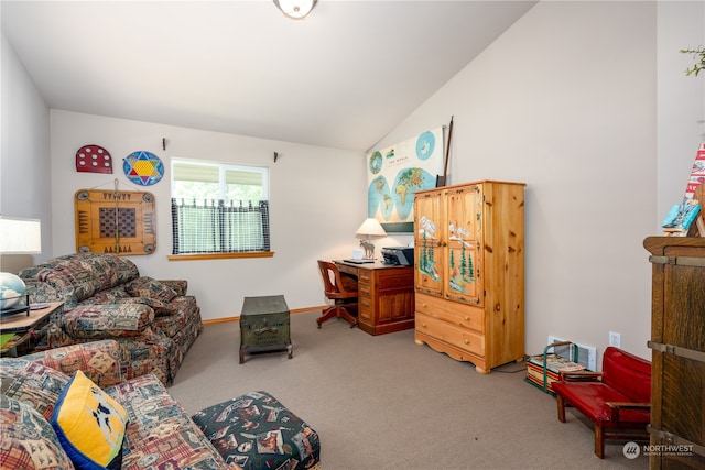 carpeted living room with lofted ceiling