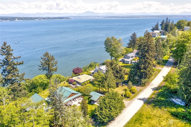 birds eye view of property featuring a water and mountain view