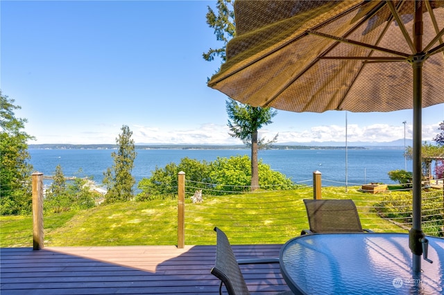 wooden terrace featuring a yard and a water view