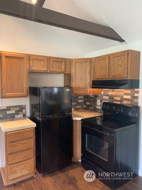 kitchen with dark wood-type flooring, backsplash, black appliances, and beamed ceiling