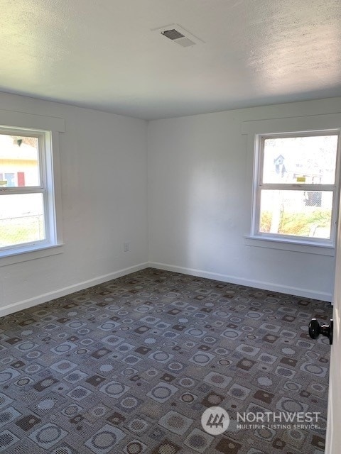 unfurnished room with a textured ceiling, dark carpet, and a healthy amount of sunlight