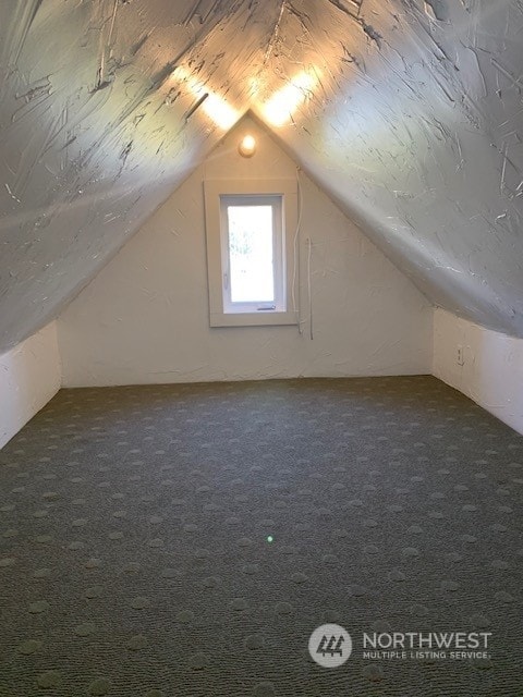 additional living space featuring lofted ceiling and dark colored carpet