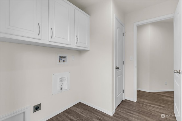 laundry room featuring dark hardwood / wood-style floors, cabinets, washer hookup, and hookup for an electric dryer