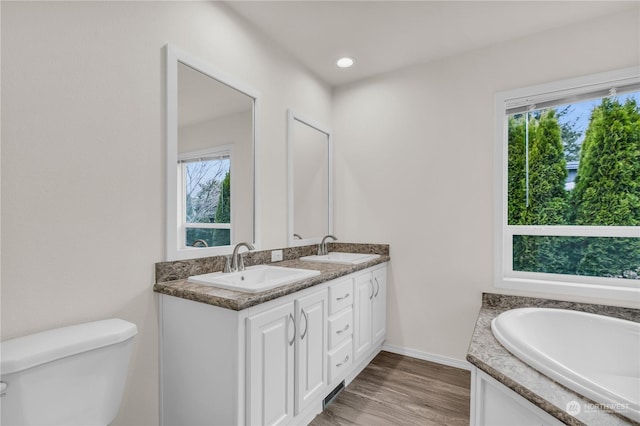 bathroom featuring vanity, toilet, a bathing tub, and wood-type flooring