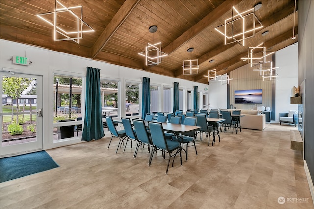 dining room featuring wood ceiling, a notable chandelier, high vaulted ceiling, and beamed ceiling