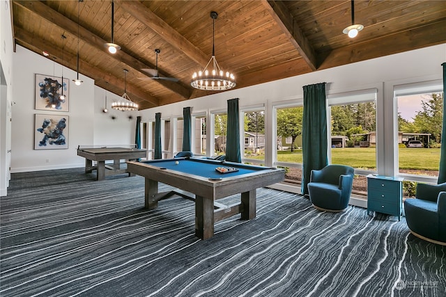 recreation room with beamed ceiling, wood ceiling, and billiards